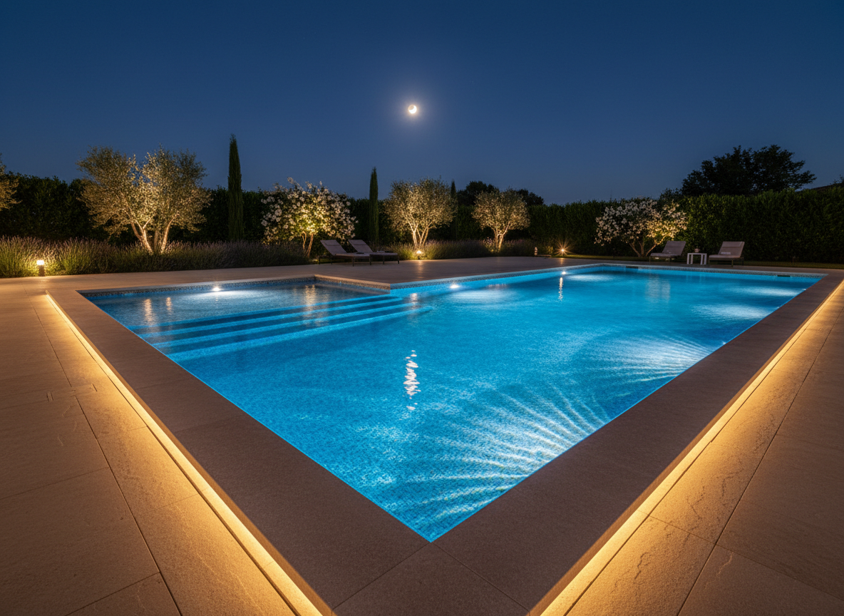 Modern luxury swimming pool at night, underwater LED lighting illuminating crystal clear blue water, sleek geometric design, stone pool deck with margelles, warm ambient lighting around the pool edges, Mediterranean garden in background, cinematic atmosphere, high-end photography style