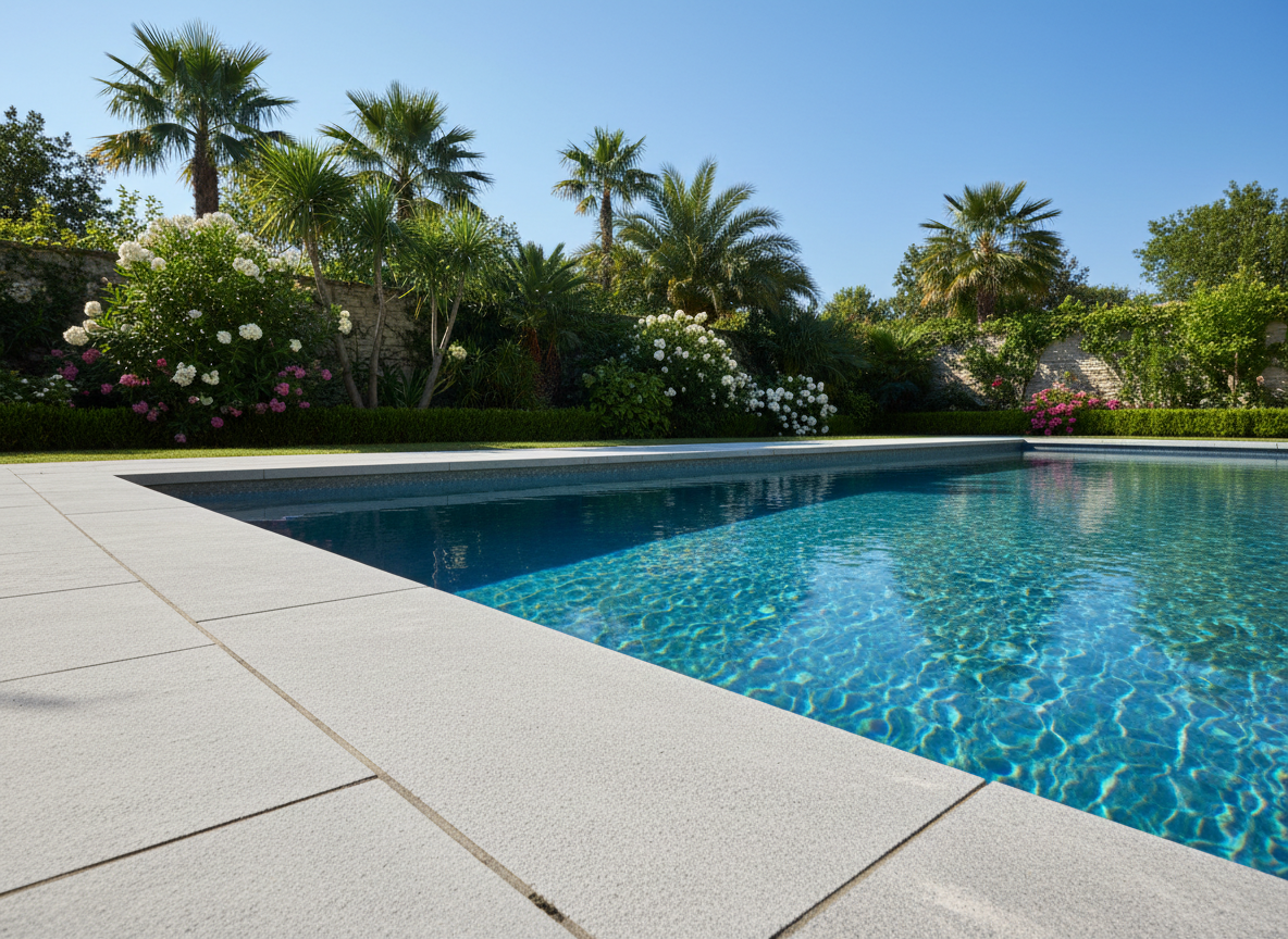 Professional photography of a beautiful outdoor swimming pool, sunny summer day, crystal clear blue water, modern stone or tile coping, green garden surrounding, real estate photography style, warm natural sunlight, sharp focus, no people, shot with a wide angle lens, looks like a real photo not AI generated