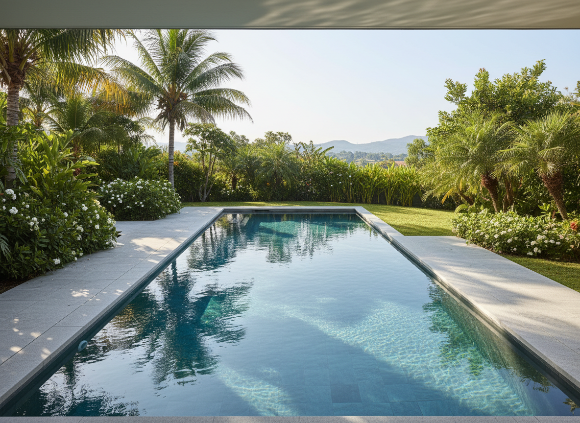 A beautiful outdoor swimming pool photographed from a slight elevated angle, crystal clear blue-turquoise water, modern stone coping, sunny day, lush green garden around it, warm natural light, realistic photography style, no people, wide angle, high resolution