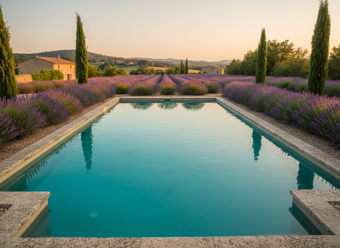 Piscine à l'eau turquoise cristalline entourée de cyprès en Provence au coucher du soleil